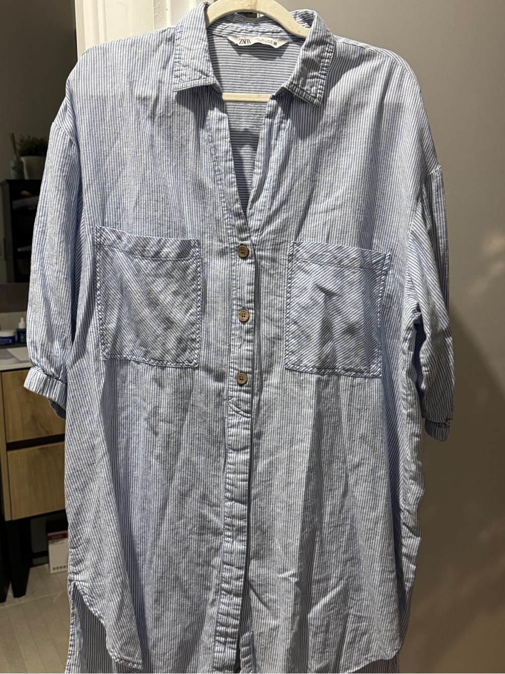 H&M Light Blue & White Striped Casual Button-Down tunic